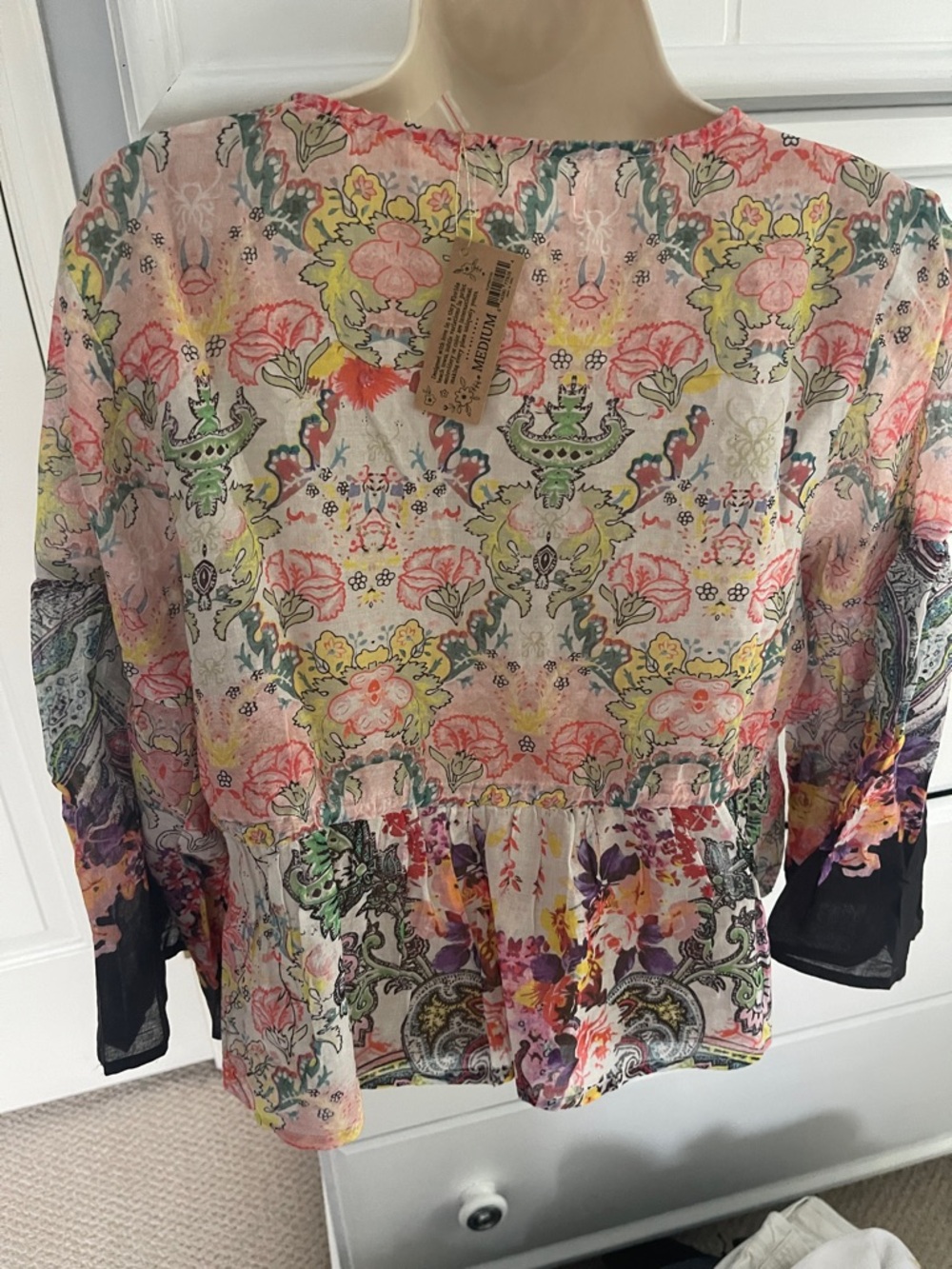 NATURAL LIFE Pastel Floral Beaded Trim Top - Pink Green Yellow Blue - Picture 4 of 6